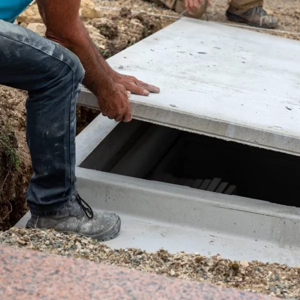 Pose d'un caveau funéraire en béton dans un cimetière