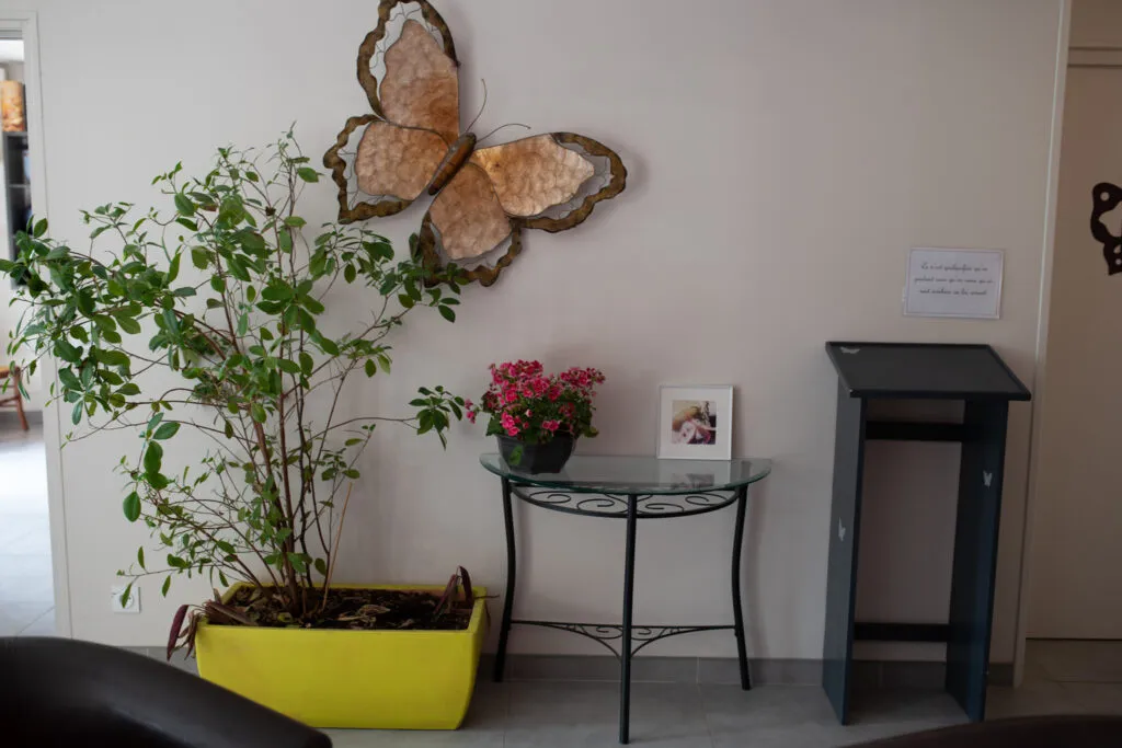 Espace d'accueil de l'agence funéraire avec plante et décoration